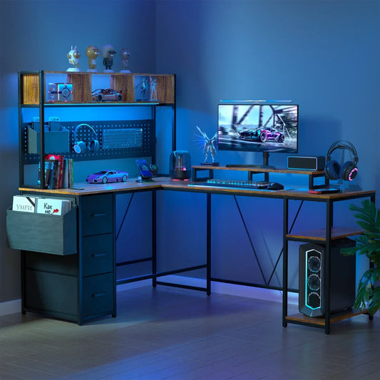 67" L-Shaped Gaming Desk โ Brown Computer Desk with Built-In Power Outlet