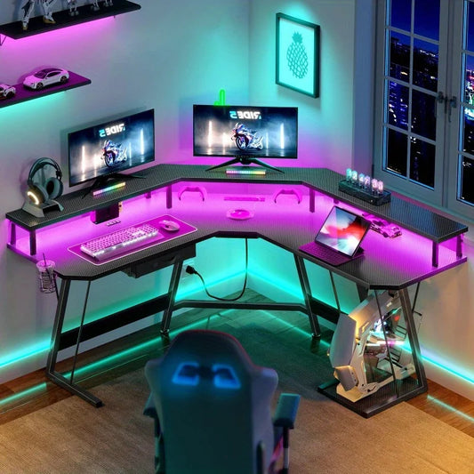 Gaming Corner Desk โ L-Shaped Computer Desk with RGB LED Lights & Built-In Power Outlets