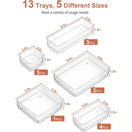 13-Drawer Organizer Set – Non-Slip Silicone Desk Drawer Trays for Makeup, Jewelry & More