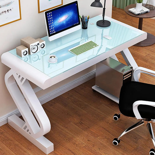Tempered Glass Computer Desk – Modern Office Desk with Glass Top & Z-Shaped Metal Frame