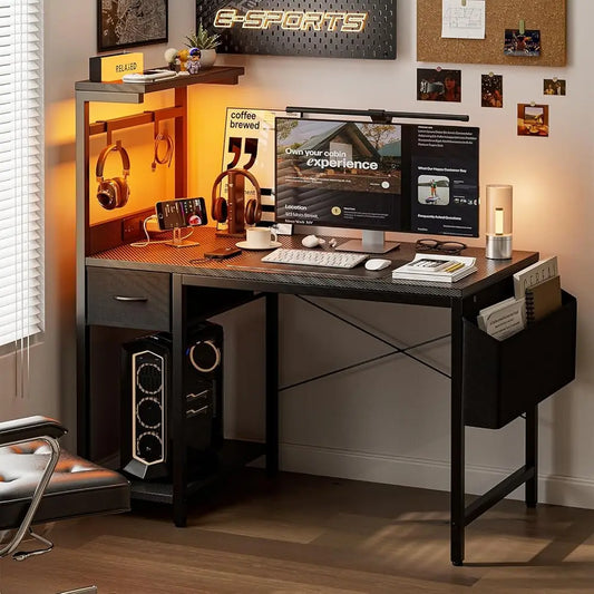 40" Gaming Desk with Power Outlet & LED Lights – Compact Computer Desk with Reversible Shelves & Storage Drawer